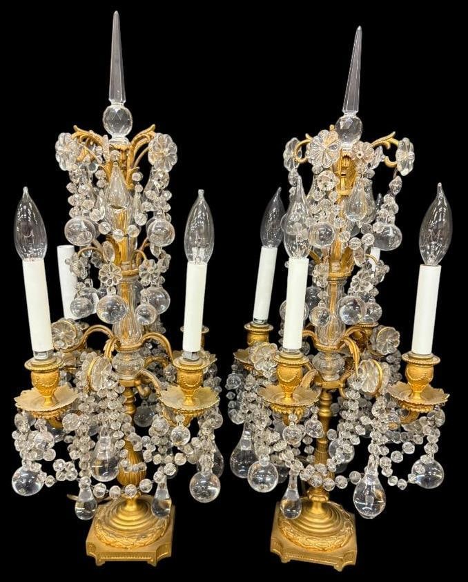 2 Cut Crystal and Gilt Bronze Girandoles: 2 Cut Crystal and Gilt Bronze Girandoles. Approx. 26 x 9 x 9 inches.