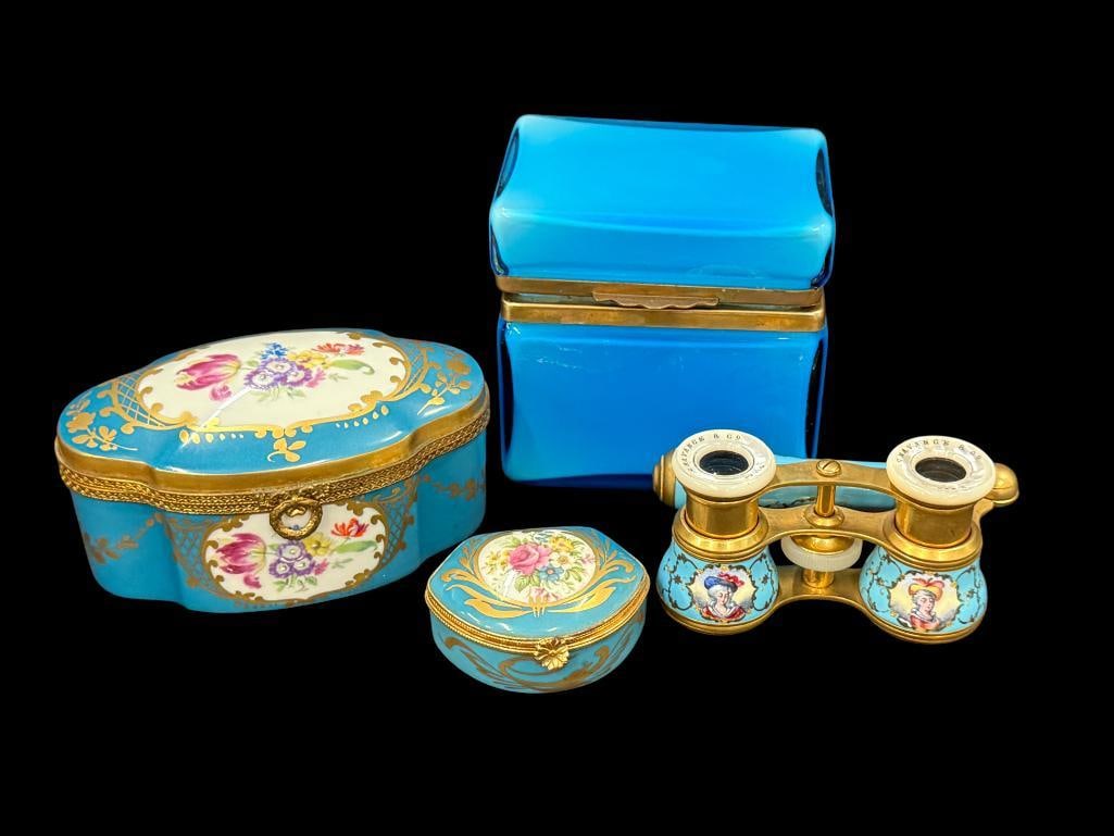 French Enamel Opera Glasses by Chavange etc: French Enamel Opera Glasses by Chavange. 2 Limoge dresser boxes and Murano dresser box. 4 pieces.