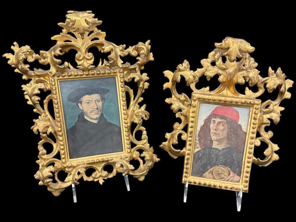 2 Carved Wood Gold Gilt Frames: 2 Carved Wood Gold Gilt Frames. Largest approx. 12 x 9 inches. Openings approx. 5 x 3.5 inches.