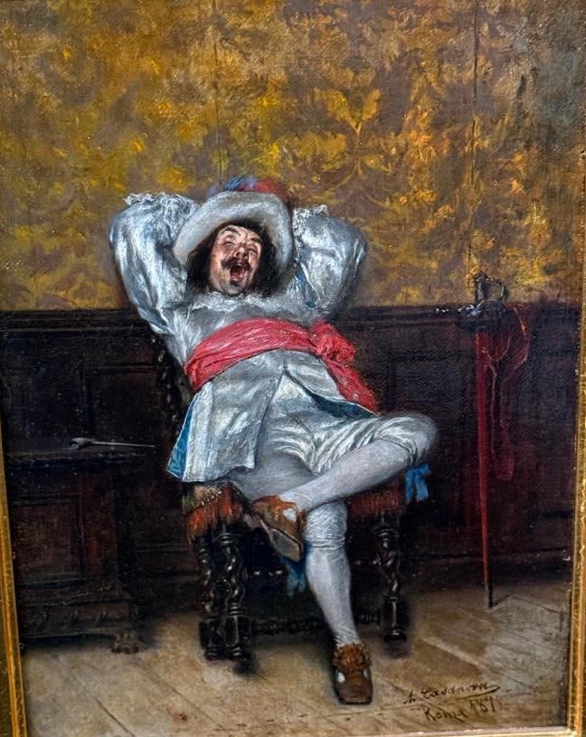 A. Casanova oil on canvas in gold gilt frame: Antonio Casanova Y Estorach (1847-1896) Roma 1872 signed oil on canvas in gold gilt frame of a yawning Cavalier. Painting approx. 9 x 6.75 inches. Frame approx. 19.5 x 16.5 inches.