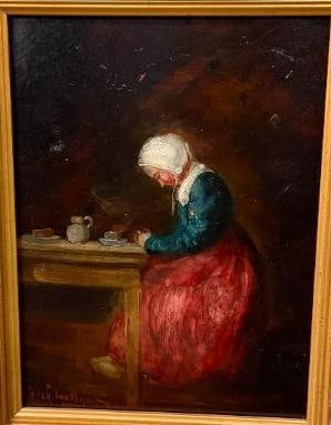 Gregory Hollyer signed oil on board: Gregory Hollyer (1871-1965) signed oil on board of a woman in bonnet in gold gilt frame. Painting approx. 8 x 6 inches. Frame approx. 14 x 12 inches.