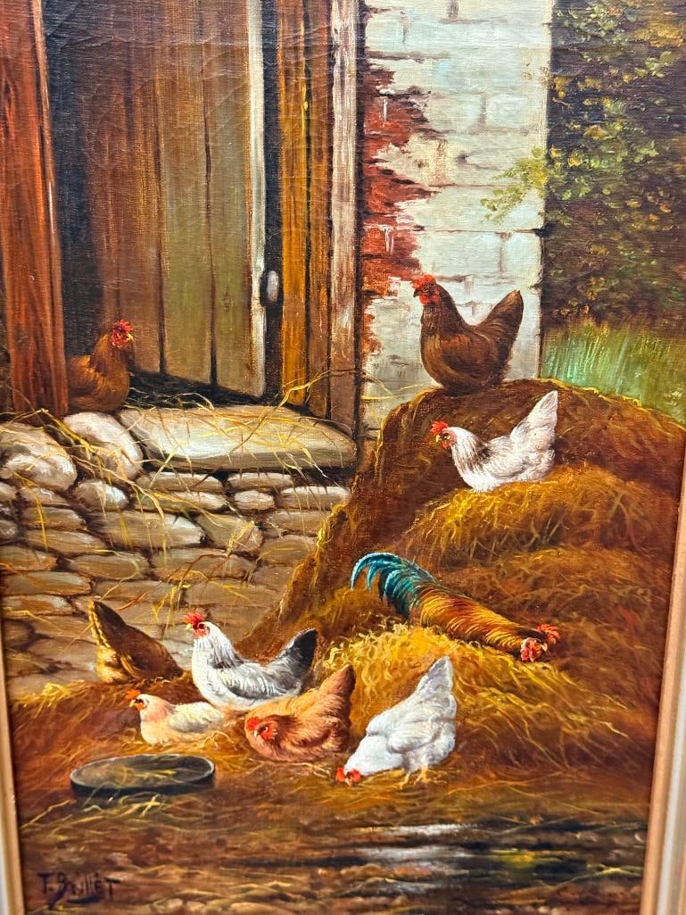 F. Brillet signed oil on canvas of Chickens: F. Brillet signed oil on canvas of Chickens. Painting approx. 17.5 x 11.25 inches. Frame approx. 21.5 x 15.25 inches.
