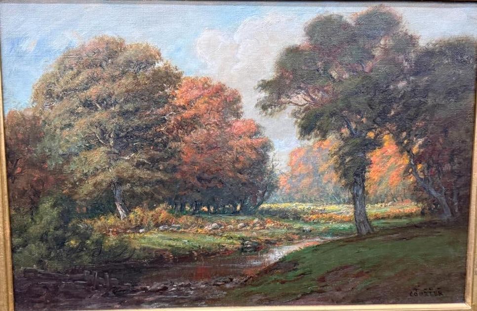 F.C. Courter signed oil on canvas in Gold Gilt Frame: Franklin C. Courter (1854-1947) signed oil on canvas in wonderful Gold Gilt Frame. Painting approx. 17.5 x 12 inches. Frame approx. 30 x 24 inches.