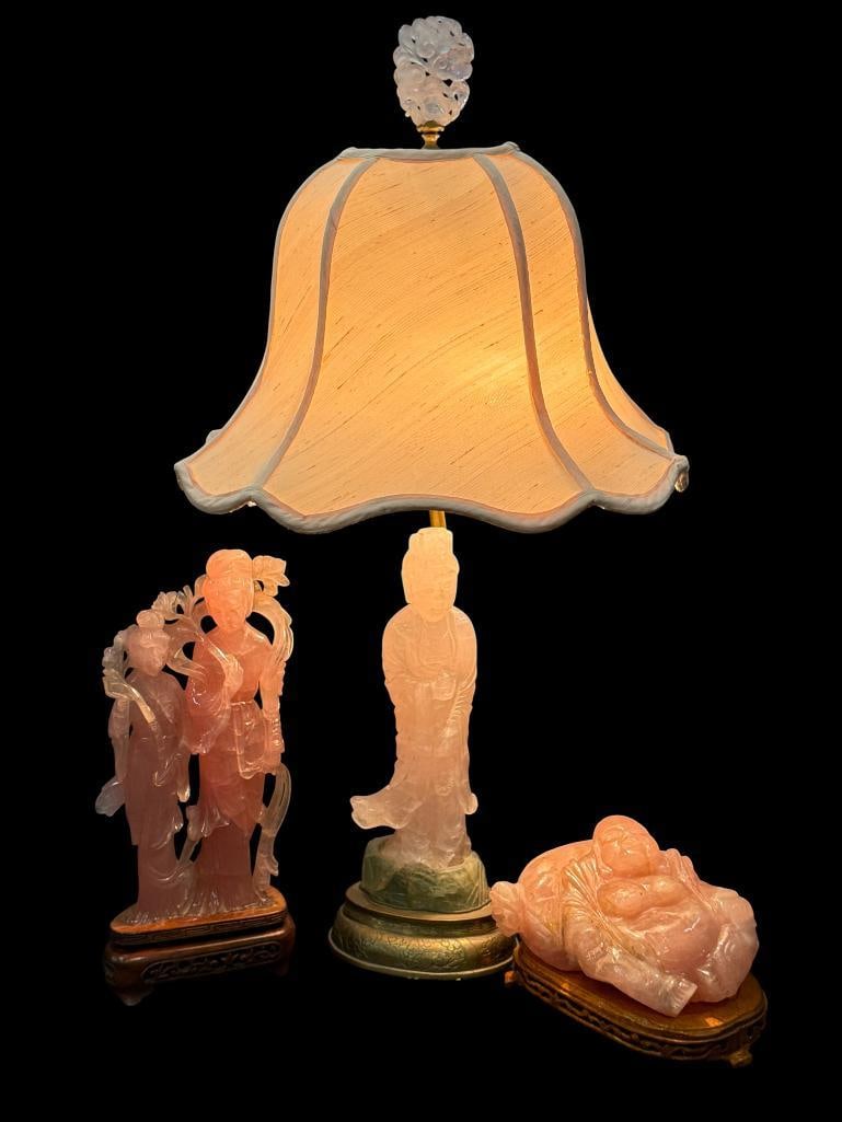 Rose Quartz Statues and Figural Lamp: Rose Quartz Statues and Figural Lamp. 3 pieces. Including Buddha and Chinese women. Lamp approx. 24 x 13 x 9 inches.