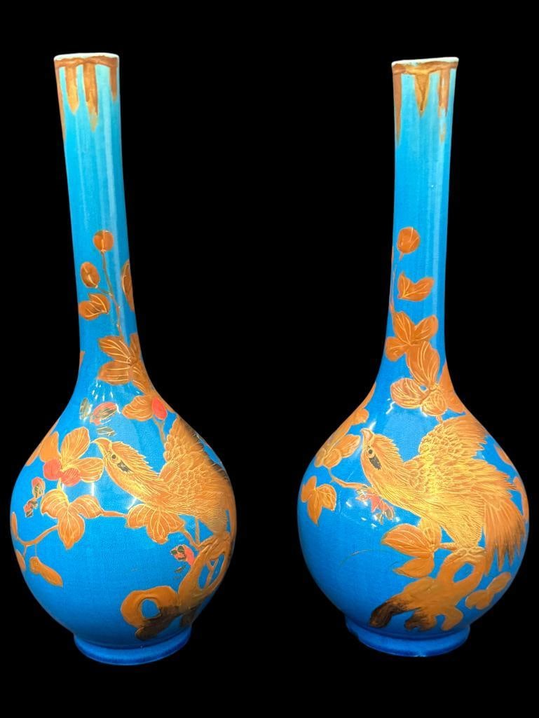 2 Japanese Pottery Vases with Bird and Flower designs: 2 Japanese Pottery Vases with Bird and Flower designs. Approx. 14 inches tall.