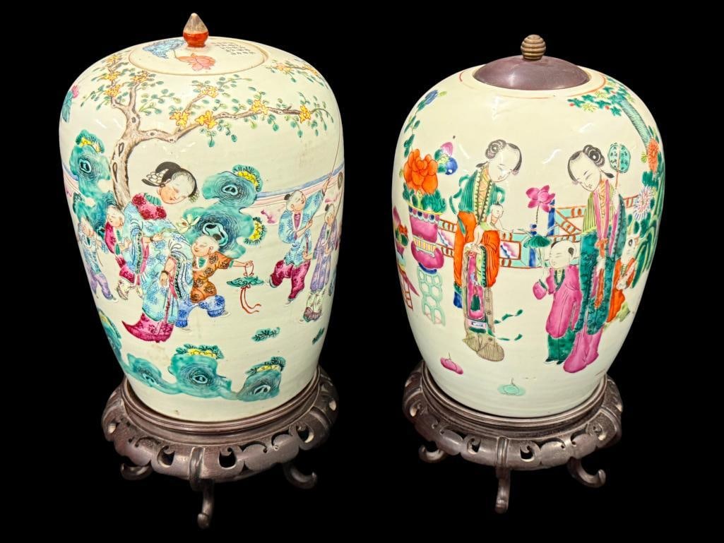 2 Chinese Famille Rose Ginger Jars: 2 Hand Painted Chinese Famille Rose Ginger Jars. Approx. 12 x 9 x 9 inches.