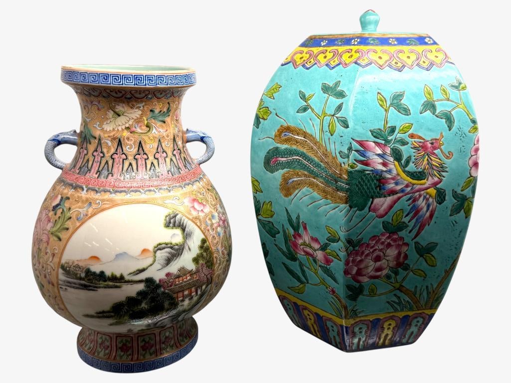 Chinese Famille Rose Vase and Jar: Chinese Famille Rose hand painted Vase and Jar. 2 pieces. Jar approx. 12 x 9 inches.