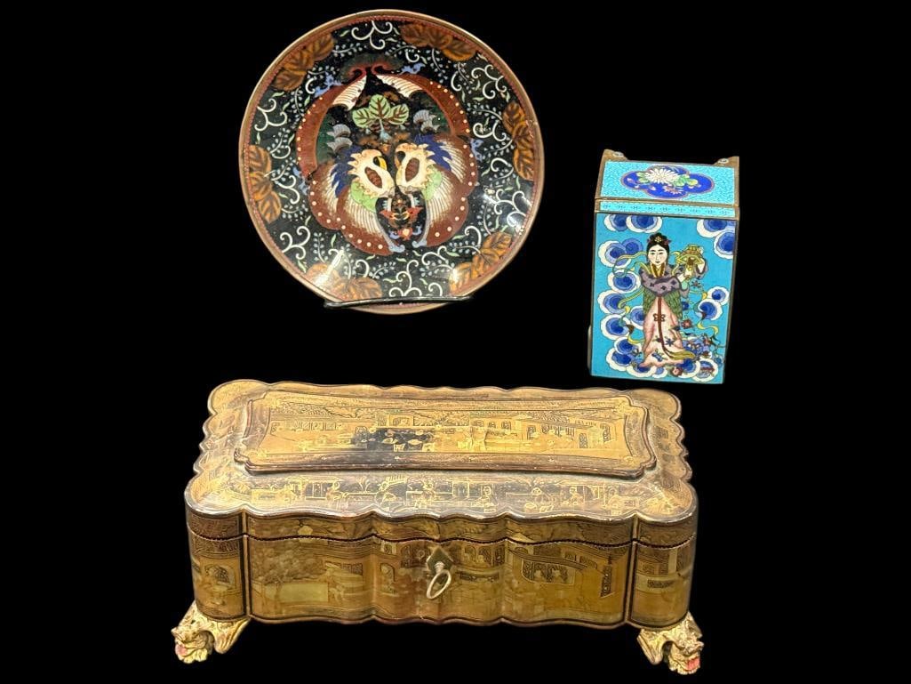 Chinese Cloisonne Dresser Box, Plate etc.: Chinese Cloisonne Dresser Box, Plate and wood lacquer dresser box with dragon feet. 3 pieces.