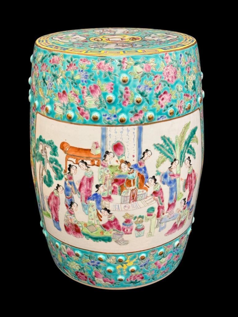 Chinese Famille Rose porcelain garden stool: Chinese Famille Rose porcelain garden stool. Approx. 19 x 14 x 14 inches.