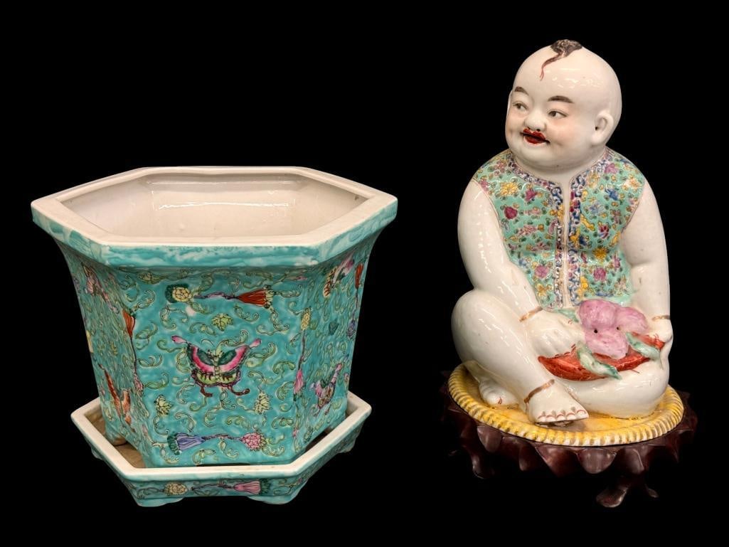 Japanese Porcelain pot and Chinese Boy Figure: Japanese Porcelain pot and Chinese Boy Figure. 2 pieces. Figure approx. 14 x 9 x 9 inches.