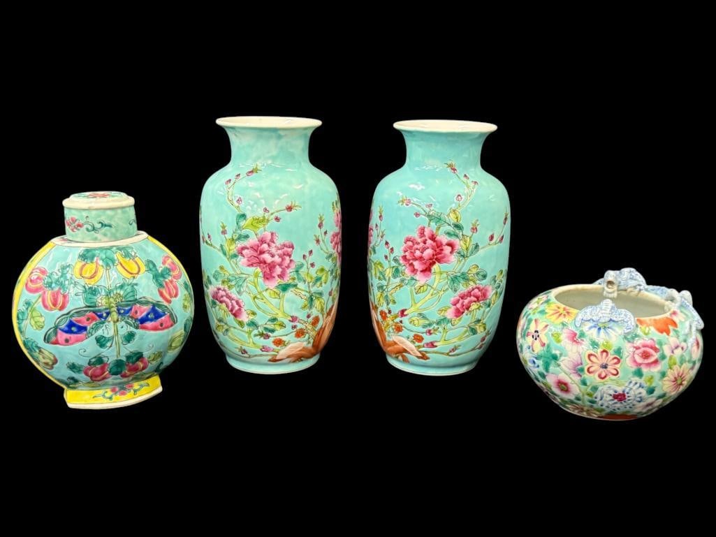 Chinese Vases and Jar: Chinese Vases and Jar. 4 pieces. Vase approx. 8 x 4.5 x 4.5 inches.