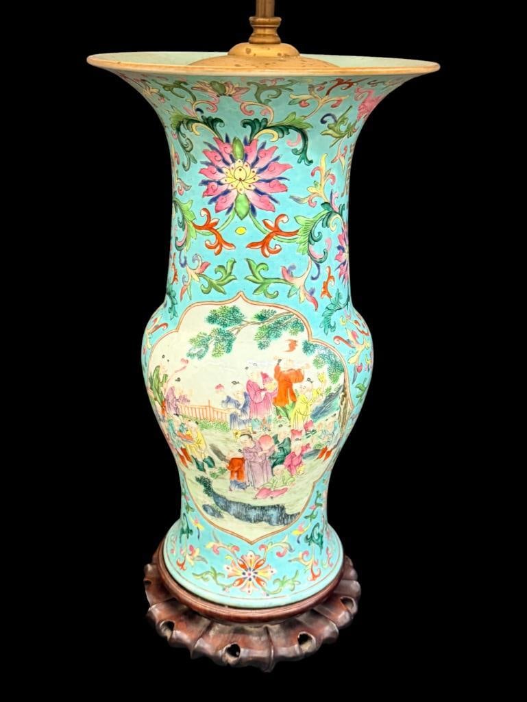 Chinese Famille Rose porcelain Vase / Lamp: Chinese Famille Rose porcelain Vase / Lamp. Approx. 38 inches tall.