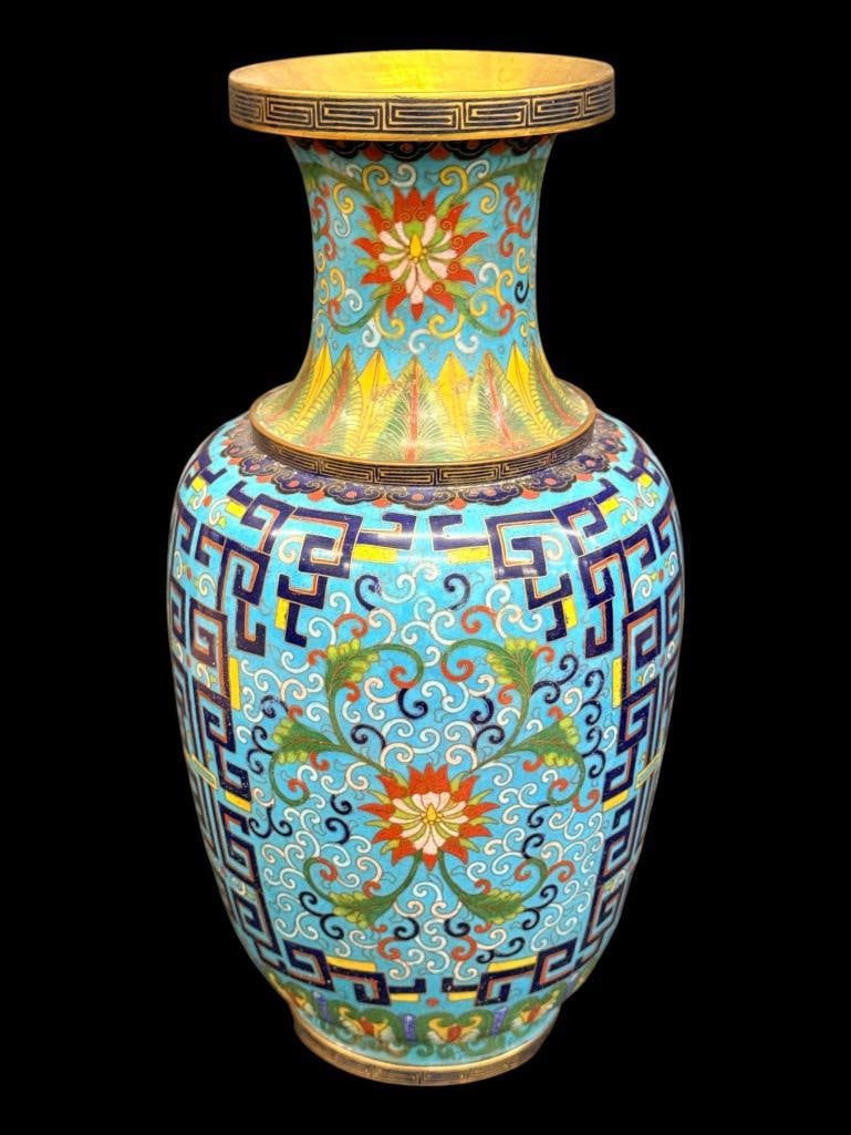 Cloisonne Vase with flower designs: Cloisonne Vase with flower designs. Approx. 15 x 8 x 8 inches.