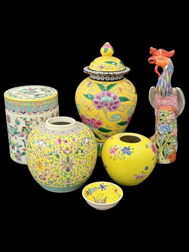 Chinese / Japanese Jars, Bowl, Figurine etc.: Chinese / Japanese Jars, Bowl, Figurine etc. 6 pieces. Tallest approx. 10 inches.