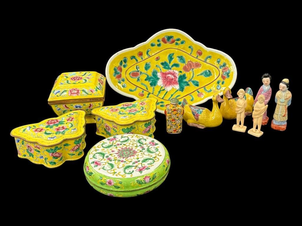 Chinese Enameled Boxes, Snuff bottle and more: Chinese Enameled Trinket Boxes - some butterfly shaped, Snuff bottle, bowl and figurines. 12 pieces.