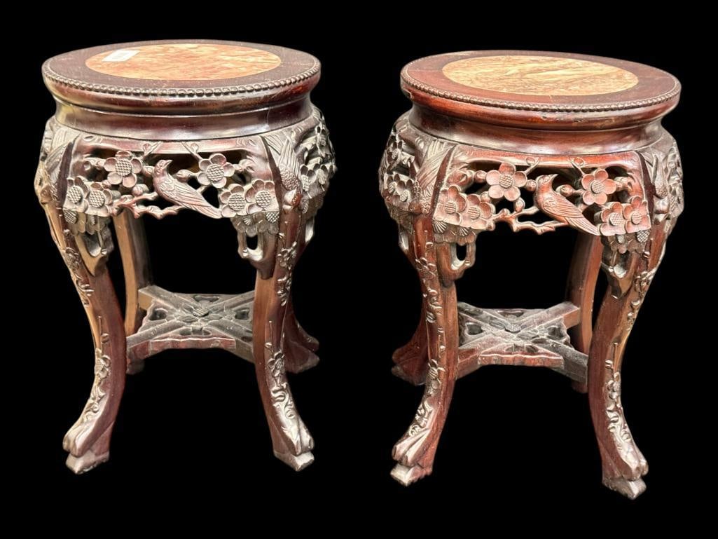 Pair of Chinese Carved Stands: Pair of Chinese Finely Carved Teak Stands with marble inserts. Approx. 18 x 15 x 15 inches.