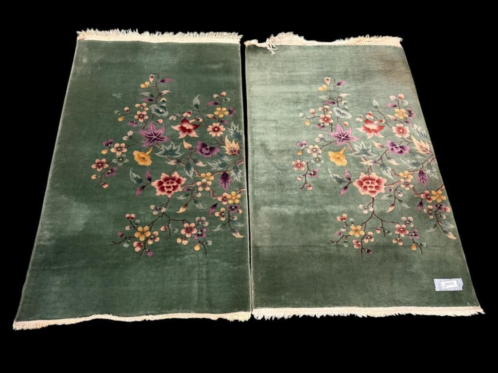 2 Chinese rugs with floral patterns: 2 Chinese Nichols rugs with floral patterns. Approx. 58 x 36 inches.