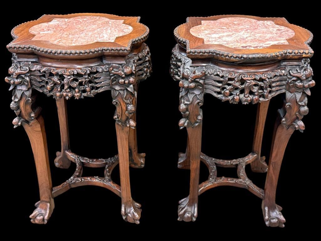 Pair of Chinese Carved Stands: Pair of Chinese Finely Carved Teak Stands with marble inserts. Claw and Ball feet. 2 pieces. Approx. 24 x 16 x 16 inches.