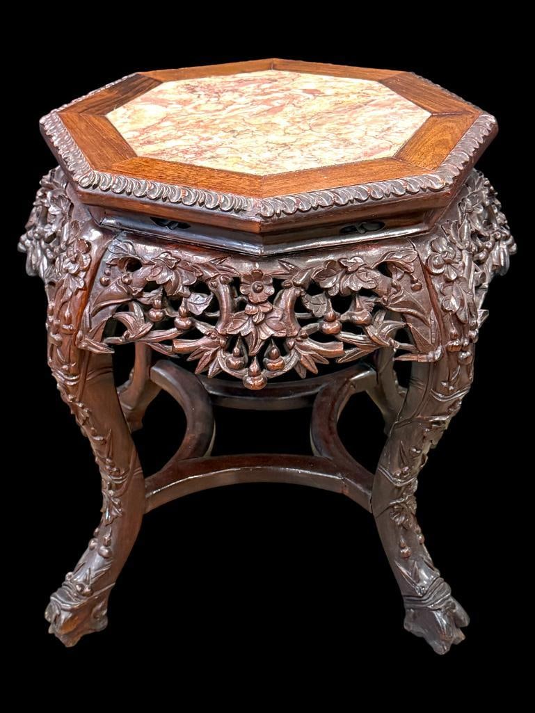 Finely Carved Teak Plant Stand: Finely Carved Teak Plant Stand with marble insert. Approx. 18 x 18 x 18 inches.