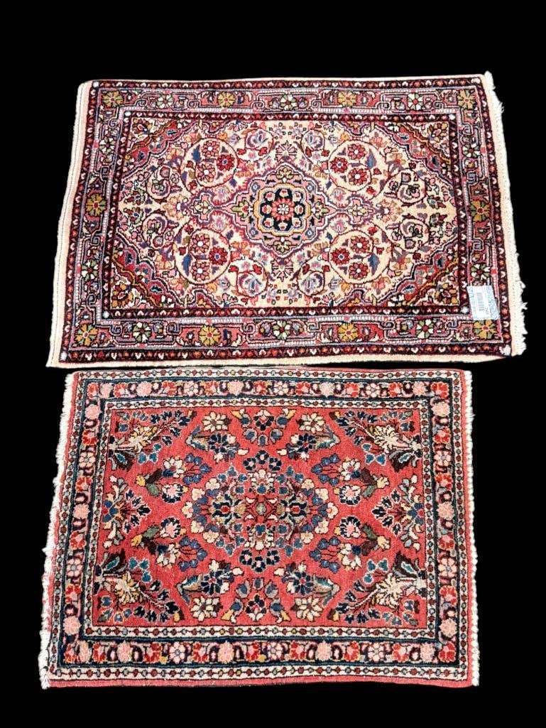2 Persian Sarouk Mats: 2 Persian Sarouk Mats. Approx. 35 x 26 inches and 29 x 22 inches.