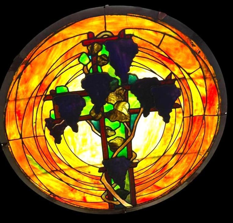 Round Leaded Glass Window with Cross and Grapes: Fabulous Round Leaded Glass Window with Cross and Grapes design, attributed to Tiffany. Frame Approx. 36 inches.
