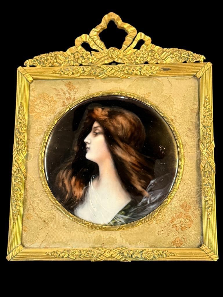 Enamel on copper portrait of a woman c. 1890: Enamel on copper portrait of a woman, in brass frame. C. 1890. Frame approx. 8.5 x 6.5 inches.