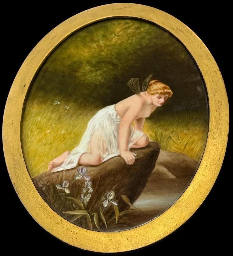 Hand Painted Semi Nude Fairy Porcelain Plaque: Hand Painted Semi Nude Fairy Porcelain Plaque in oval frame. Impressed 301 on reverse. Approx. 11 x 9 inches.