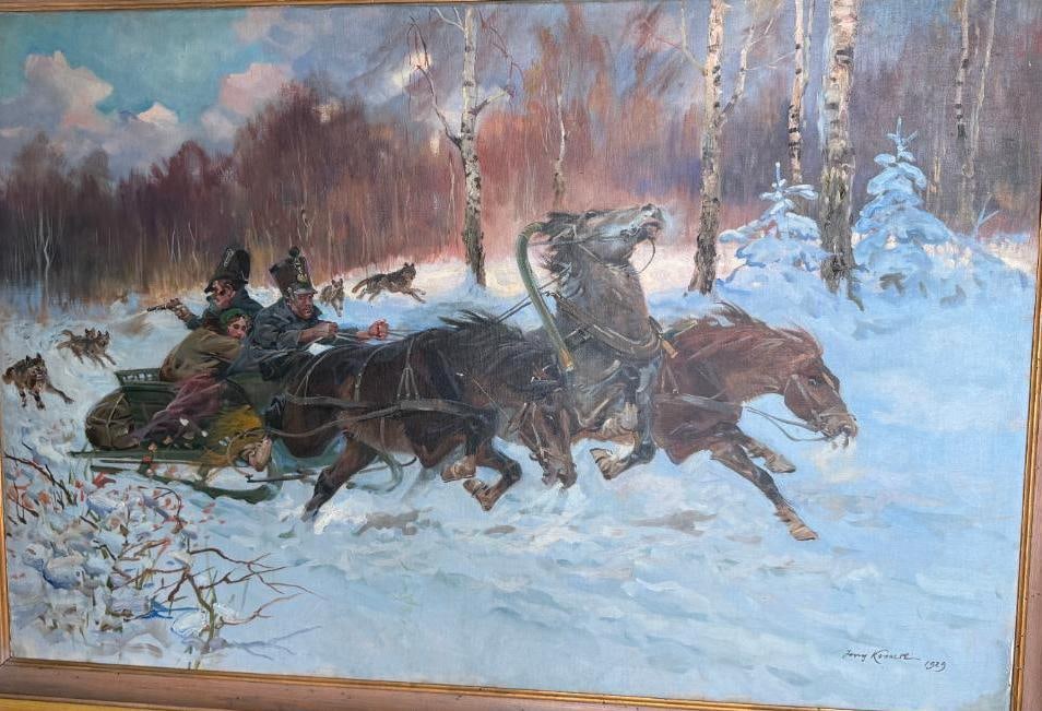 Jerzy Kossak signed oil on board: Jerzy Kossak (1886-1955) 1929 signed oil on board "troika" sleigh being chased by wolves. Painting approx. 55.5 x 37 inches. Frame approx. 63 x 44 inches.
