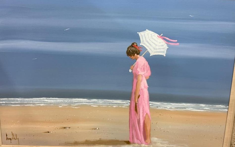 Woman on Beach oil on canvas: Woman on Beach signed oil on canvas. Possibly signed by Doug Shelley or Gully. Painting approx. 35 x 23.5 inches. Frame approx. 46 x 34 inches.