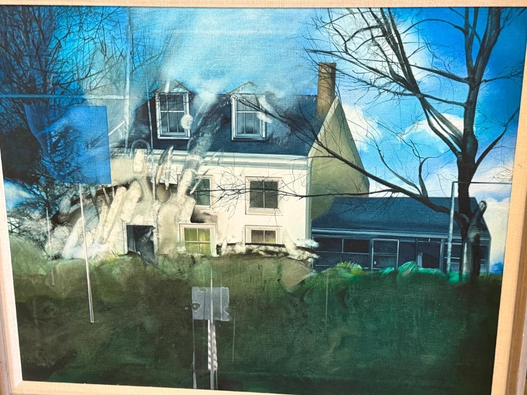 Contemporary oil on canvas: Contemporary oil on canvas of a house. Tagged on reverse - Lokolice Delaware Av. Painting approx. 29 x 23.5 inches. Frame approx. 33.5 x 28 inches.