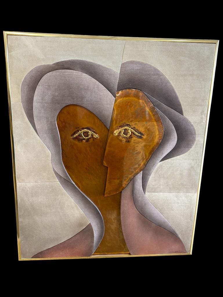 Steven D. Corning signed suede art piece: Steven D. Corning signed suede art and metal piece. Frame approx. 49 x 41 inches.