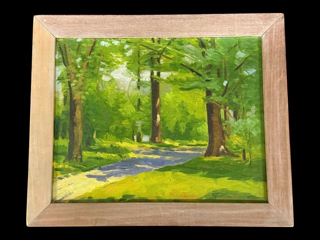 Frank Minsterman oil on board: 1936 Frank Minsterman signed oil on board of Delaware Park, Buffalo N.Y. Painting approx. 10 x 8 inches. Frame approx. 12 x 10 inches.