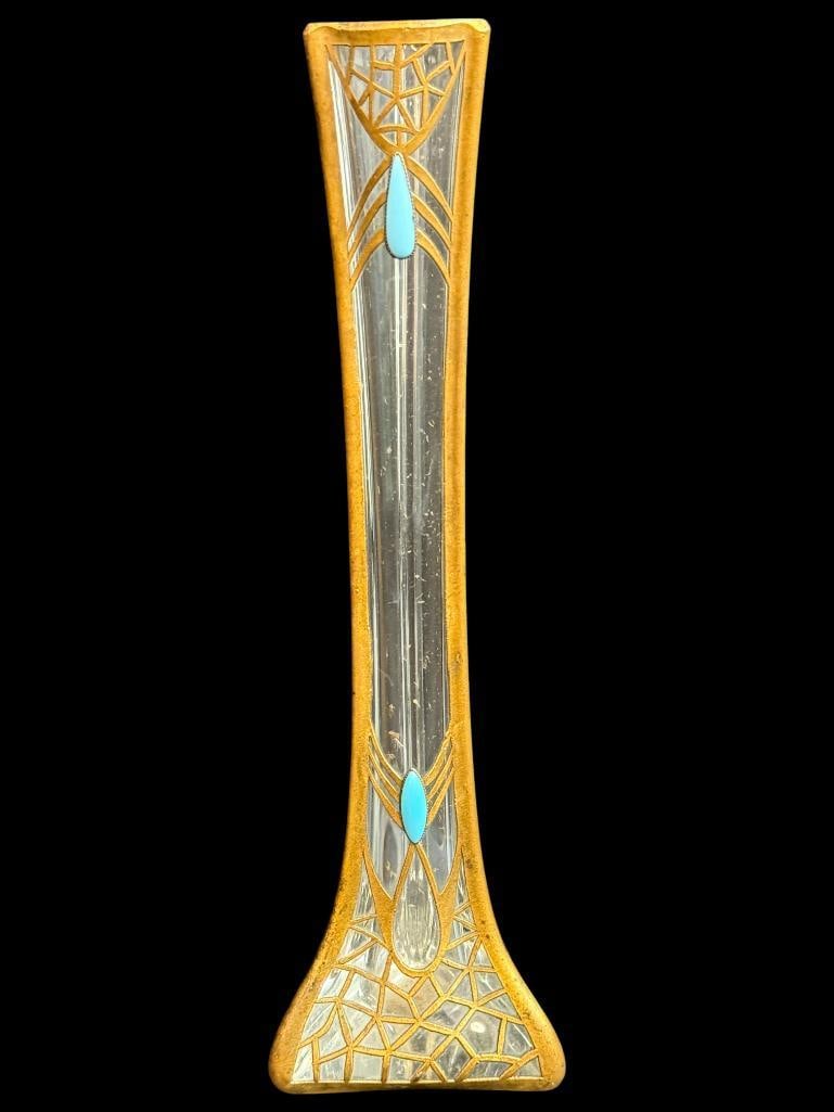 Art Nouveau Glass Solifleur Vase: Art Nouveau Glass Solifleur Vase with metal overlay. Approx. 10.25 inches tall.