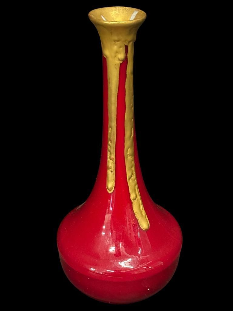 Daum Gold Drip over Oxblood Vase: Daum Gold Drip over Oxblood Vase. Marked D 1908 on base. Approx. 9 inches.
