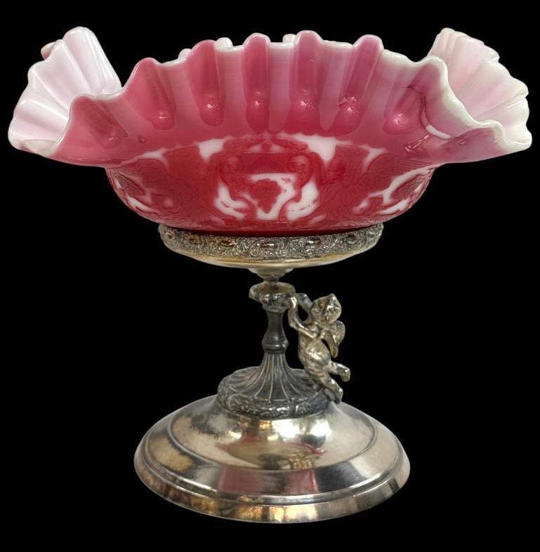 Victorian Bride's Basket with Cherub base: Victorian Ruffled Edge Bride's Basket with Meriden Cherub base. Approx. 8.5 x 8.5 x 8.5 inches.