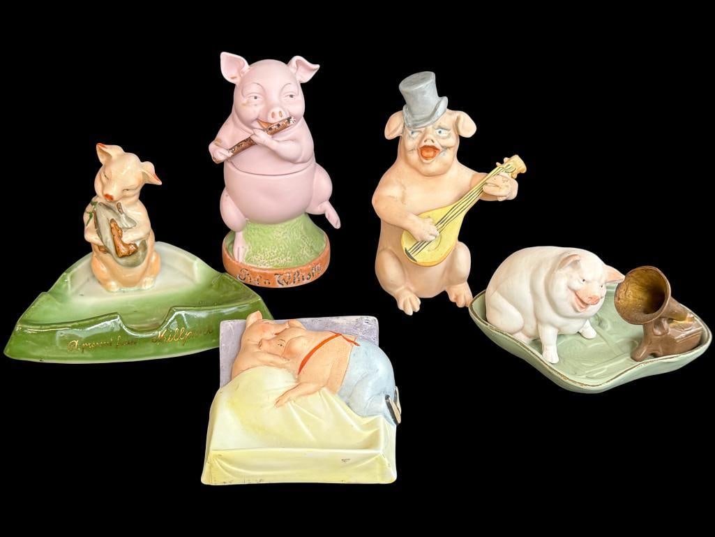 5 German Fairing Pig figurines: 5 German Fairing Pig figurines, some with musical instruments.