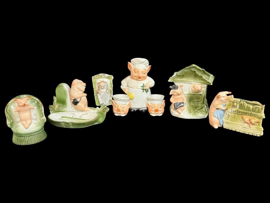 6 German Fairing Pig figurines: 6 German Fairing Pig figurines, including a Baker and more.