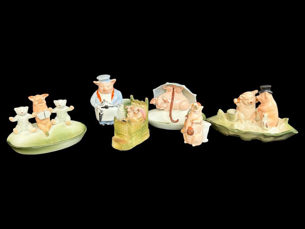 6 German Fairing Pig figurines: 6 German Fairing Pig figurines, including playing the accordion.