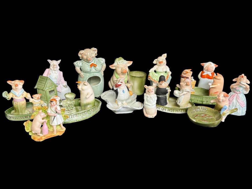 14 German Fairing Pig figurines: 14 German Fairing Pig figurines. Including Pork Sausages, Pigs in boats and more.