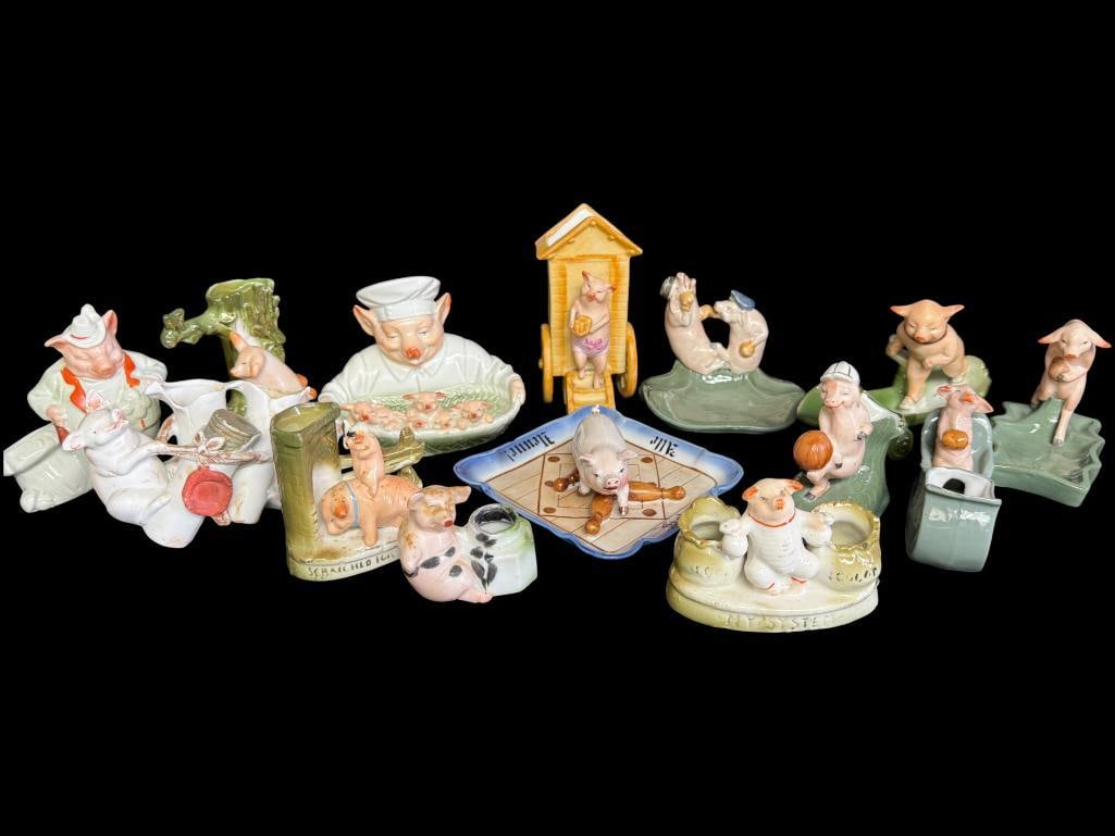 14 German Fairing Pig figurines: 14 German Fairing Pig figurines.