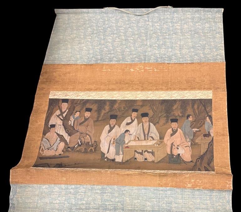 Antique Chinese Scroll Painting: Antique Chinese Scroll Painting of Scholars in a forest grove. Box approx. 35 x 3 x 3 inches.
