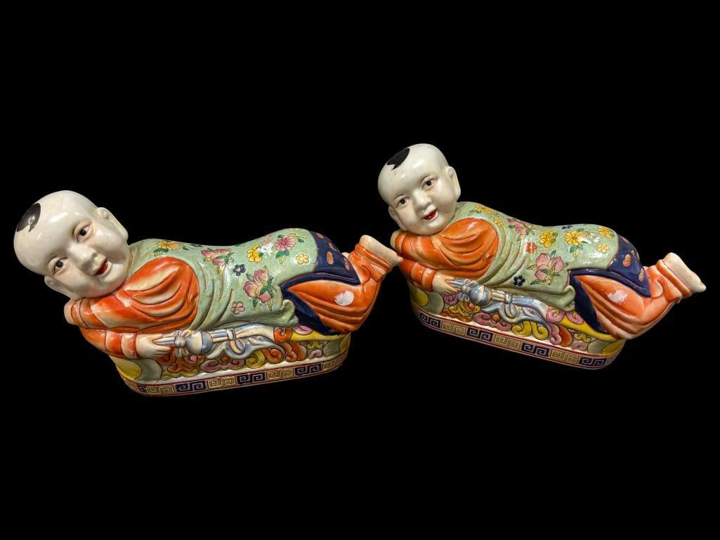 2 Chinese Porcelain Pillow Headrests: 2 Chinese Porcelain Pillow Headrests. Approx. 15 x 9 x 5 inches each.