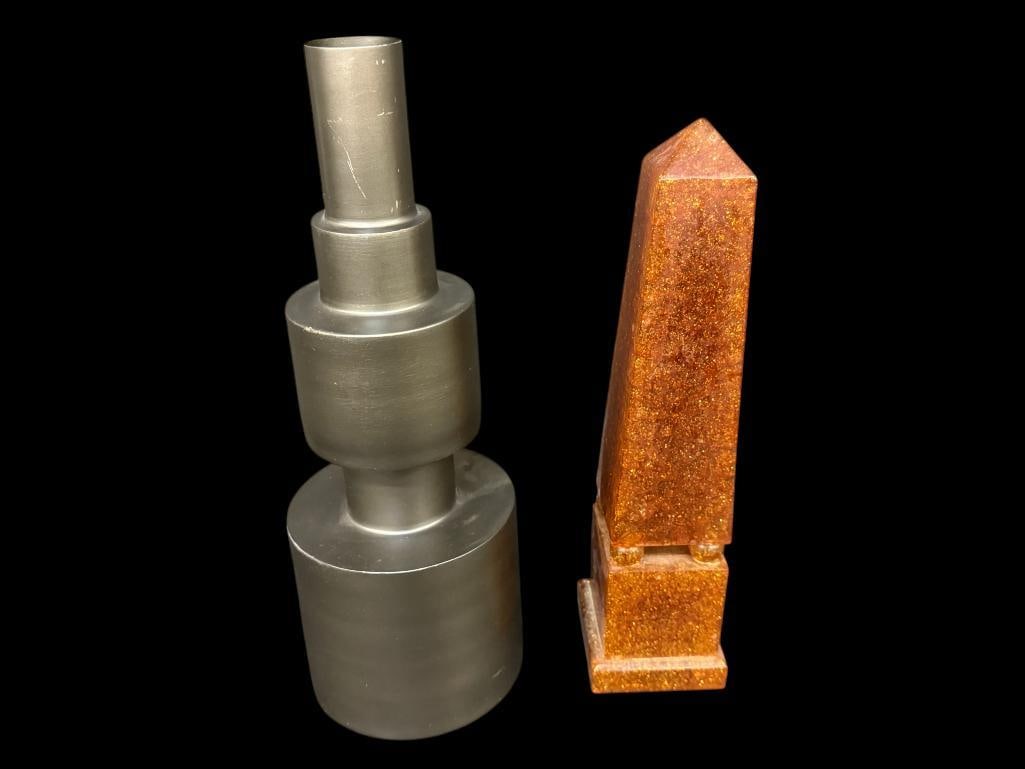 Contemporary Metal Vase and Resin Obelisk: Contemporary Metal Vase and Resin Obelisk. 2 pieces. Vase approx. 18 x 6.5 x 6.5 inches.