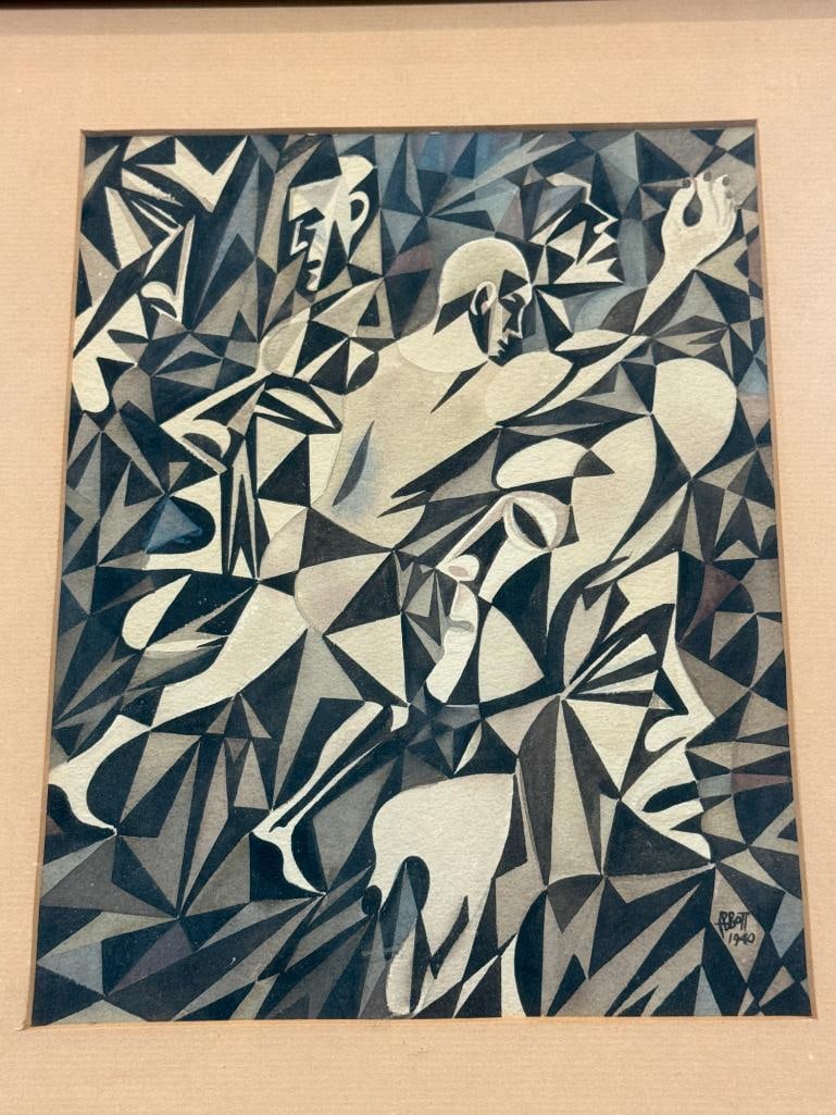 Abbott 1940 signed geometric abstract: Abbott 1940 signed geometric abstract on paper. Approx. 10 x 8 inches. Frame approx. 17 x 13.5 inches.