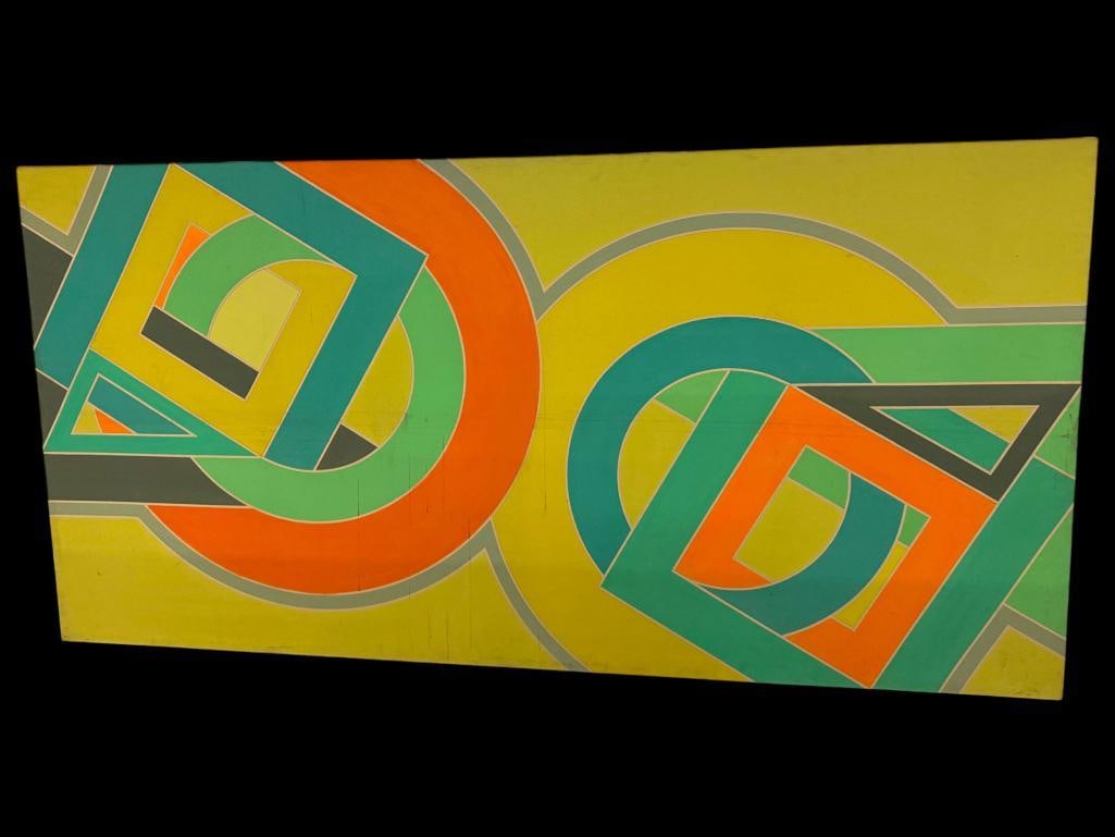 In the style of Frank Stella oil on canvas: In the style of Frank Stella, oil on canvas. This is a large painting. Approx. 96 x 49 x 3 inches. Local pickup or 3rd party shipping only.