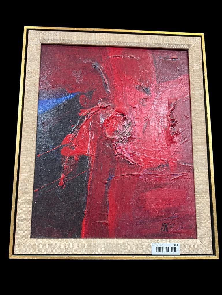 Jeffrey Low 1965 signed painting: Jeffrey Low 1965 signed painting. Titled "The Event". Medium, plastic paint. Originally from the collection of Dr. Anthony J. Sisti. Approx. 19.5 x 15.5 inches. Frame approx. 23 x 19 inches.