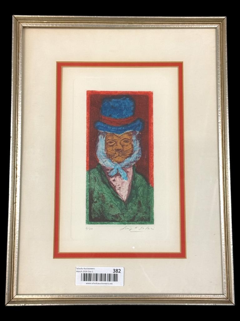 Luis Alberto Solari signed engraving: Luis Alberto Solari signed " Mr. Peter Lion " engraving. Number 4 of 50. Approx. 11 x 7 inches. Frame approx. 16 x 12 inches.
