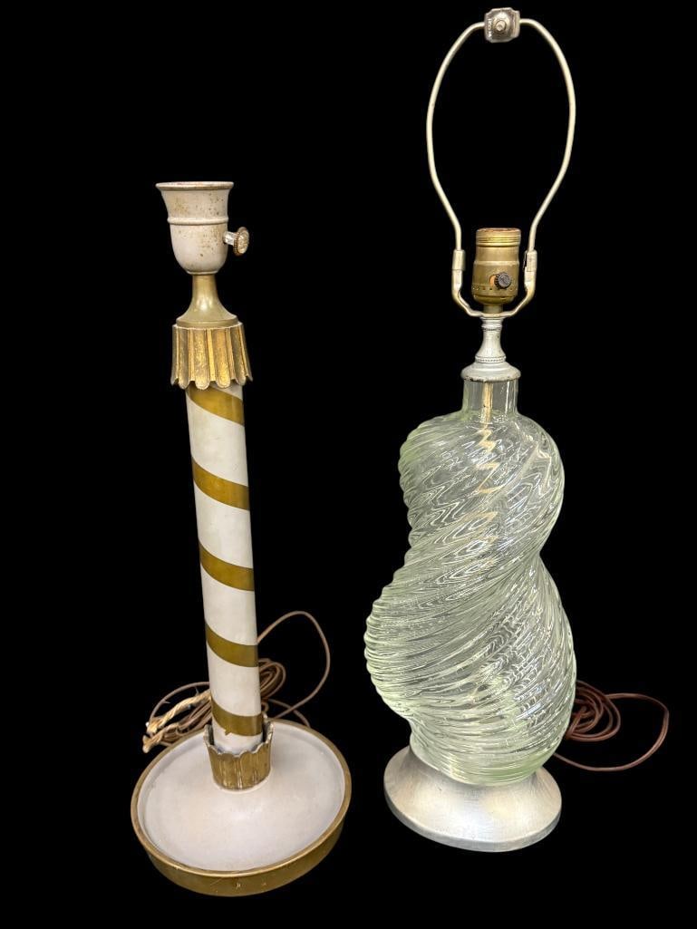 Spiral Glass and Candlestick table lamps: Spiral Glass and Candlestick table lamps. 2 pieces. Candlestick approx. 23 x 8 x 8 inches.