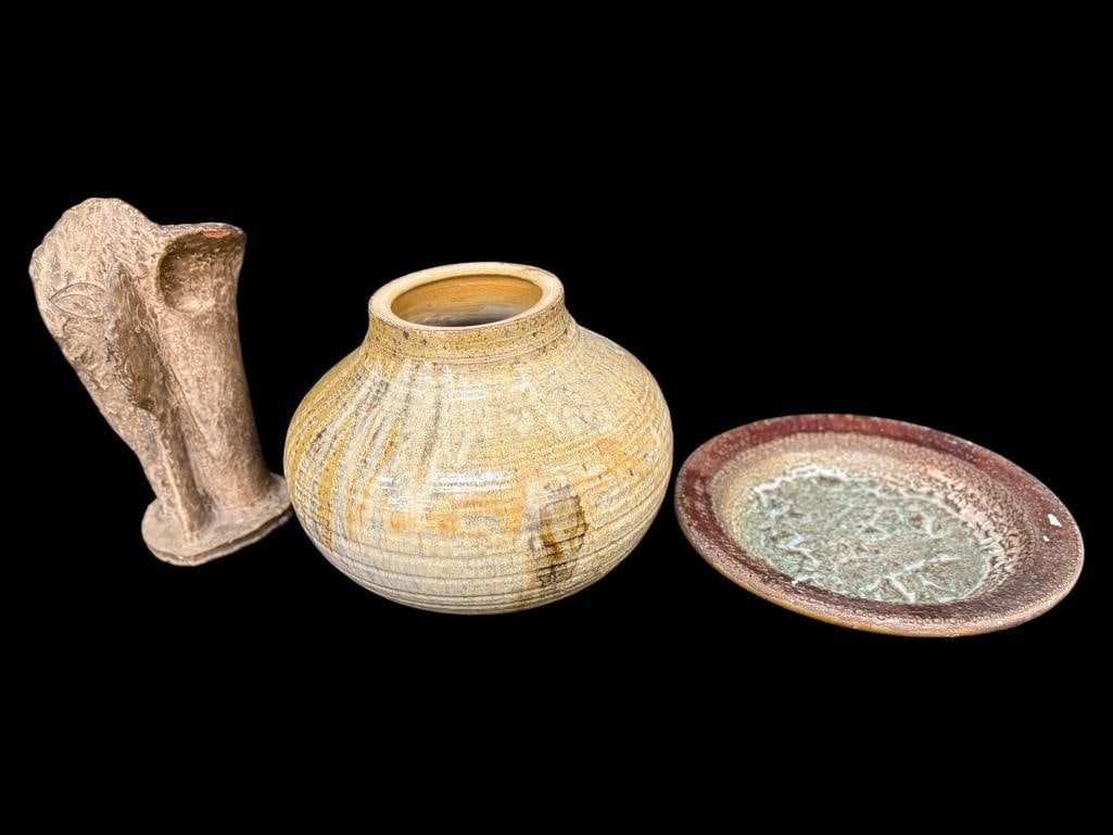 Terracotta Sculpture, Plate and Clay Pot: Terracotta Sculpture, Plate and Clay Pot. 3 pieces. Pot approx. 13 x 17 x 17 inches.