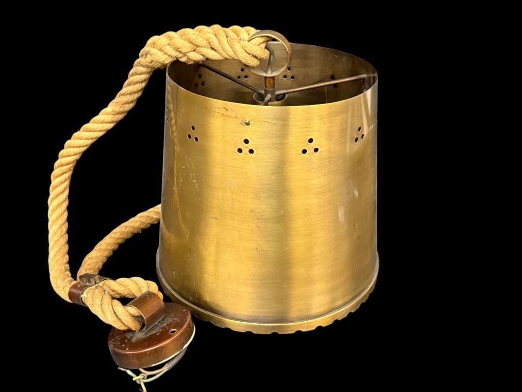 Brass Hanging Light with Rope: Brass Hanging Light with Rope. Shade approx. 11 x 11 x 11 inches.